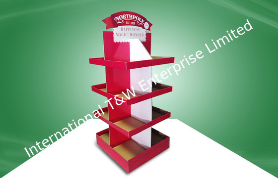 ราคาดี Red Eco-friendly Corrugated Cardboard Free Standing Display Units Four Shelves Shinning Offset Printing ออนไลน์